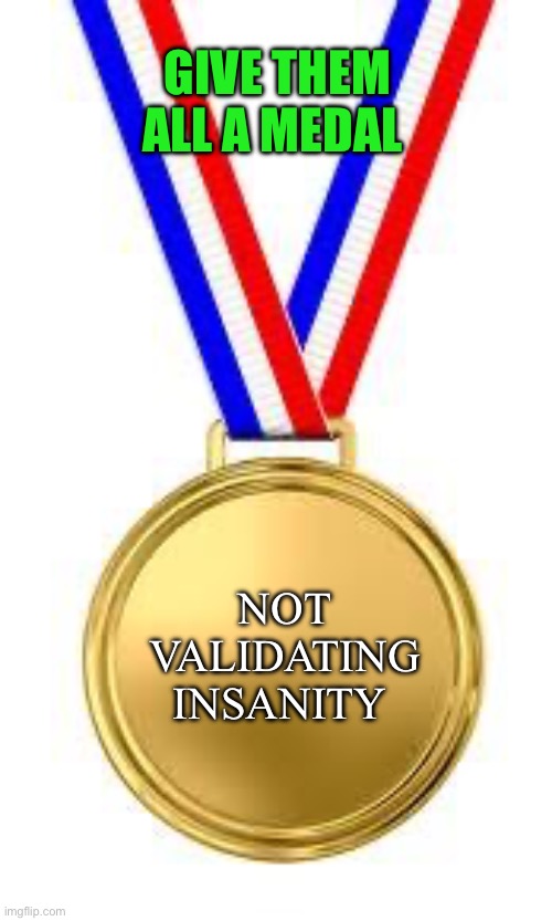 Gld Medal | NOT VALIDATING INSANITY GIVE THEM ALL A MEDAL | image tagged in gld medal | made w/ Imgflip meme maker