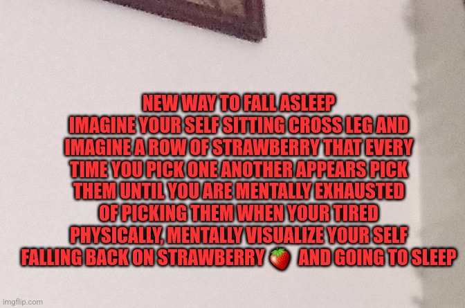 FALL ASLEEP FAST | NEW WAY TO FALL ASLEEP IMAGINE YOUR SELF SITTING CROSS LEG AND IMAGINE A ROW OF STRAWBERRY THAT EVERY TIME YOU PICK ONE ANOTHER APPEARS PICK THEM UNTIL YOU ARE MENTALLY EXHAUSTED OF PICKING THEM WHEN YOUR TIRED PHYSICALLY, MENTALLY VISUALIZE YOUR SELF FALLING BACK ON STRAWBERRY 🍓  AND GOING TO SLEEP | image tagged in sleep,supernatural,fruit week | made w/ Imgflip meme maker