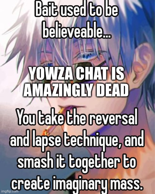 What happened | YOWZA CHAT IS AMAZINGLY DEAD | image tagged in gojo bait used to be believable | made w/ Imgflip meme maker