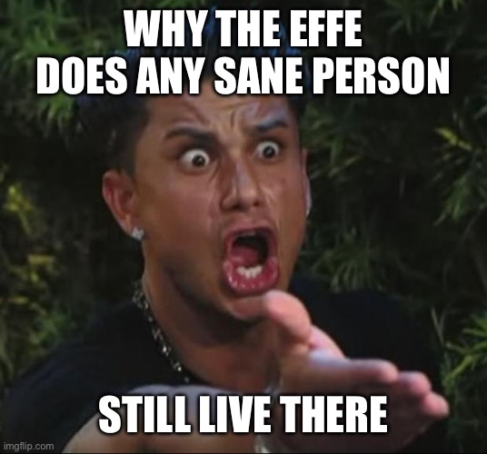 DJ Pauly D Meme | WHY THE EFFE DOES ANY SANE PERSON STILL LIVE THERE | image tagged in memes,dj pauly d | made w/ Imgflip meme maker