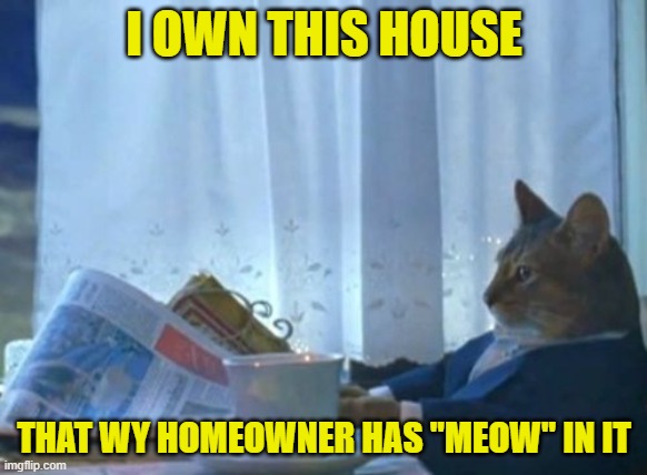 I Should Buy A Boat Cat | I OWN THIS HOUSE; THAT WY HOMEOWNER HAS "MEOW" IN IT | image tagged in memes,i should buy a boat cat | made w/ Imgflip meme maker