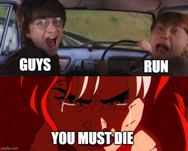 rogue angry at harry and ron weasly | GUYS; RUN; YOU MUST DIE | image tagged in star butterfly chasing harry and ron weasly,marvel comics,x-men,harry potter crazy,run for your life,fear | made w/ Imgflip meme maker