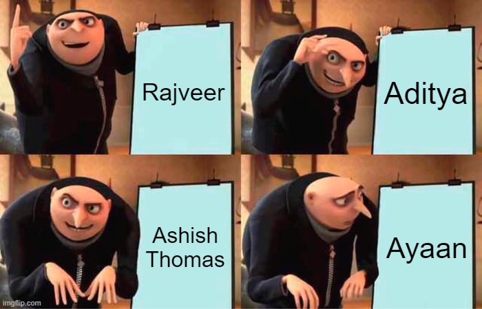 Gru's Plan Meme | Rajveer; Aditya; Ashish Thomas; Ayaan | image tagged in memes,gru's plan | made w/ Imgflip meme maker