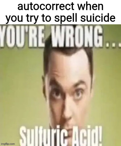 hi and goodbye | autocorrect when you try to spell suicide | image tagged in youre wrong sulfuric acid | made w/ Imgflip meme maker