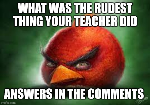 Rude | WHAT WAS THE RUDEST THING YOUR TEACHER DID; ANSWERS IN THE COMMENTS | image tagged in realistic red angry birds,unhelpful high school teacher,teachers,rude,asshole | made w/ Imgflip meme maker