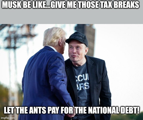 Maga Musl | MUSK BE LIKE...GIVE ME THOSE TAX BREAKS; LET THE ANTS PAY FOR THE NATIONAL DEBT! | image tagged in conservative,republican,elon musk,maga,trump,nevertrump | made w/ Imgflip meme maker