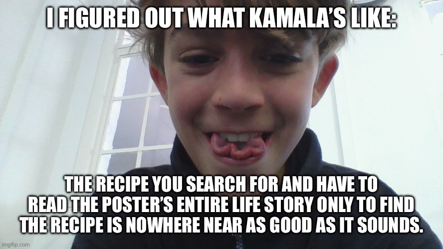 i figured it out | I FIGURED OUT WHAT KAMALA’S LIKE:; THE RECIPE YOU SEARCH FOR AND HAVE TO READ THE POSTER’S ENTIRE LIFE STORY ONLY TO FIND THE RECIPE IS NOWHERE NEAR AS GOOD AS IT SOUNDS. | image tagged in i figured it out | made w/ Imgflip meme maker