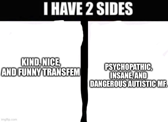 Doing this cause y e s | KIND, NICE, AND FUNNY TRANSFEM; PSYCHOPATHIC, INSANE, AND DANGEROUS AUTISTIC MF. | image tagged in i have 2 sides | made w/ Imgflip meme maker