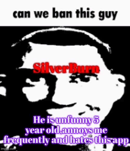 Can we ban this guy | SilverBurn; He is unfunny 5 year old,annoys me frequently and hates this app | image tagged in can we ban this guy | made w/ Imgflip meme maker