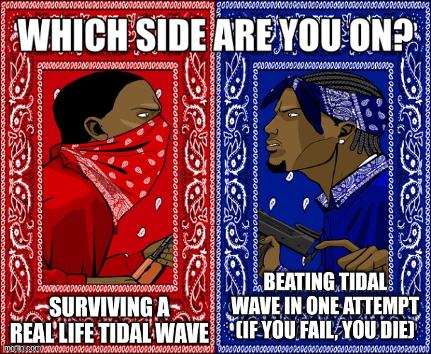 WHICH SIDE ARE YOU ON? | SURVIVING A REAL LIFE TIDAL WAVE; BEATING TIDAL WAVE IN ONE ATTEMPT (IF YOU FAIL, YOU DIE) | image tagged in which side are you on | made w/ Imgflip meme maker