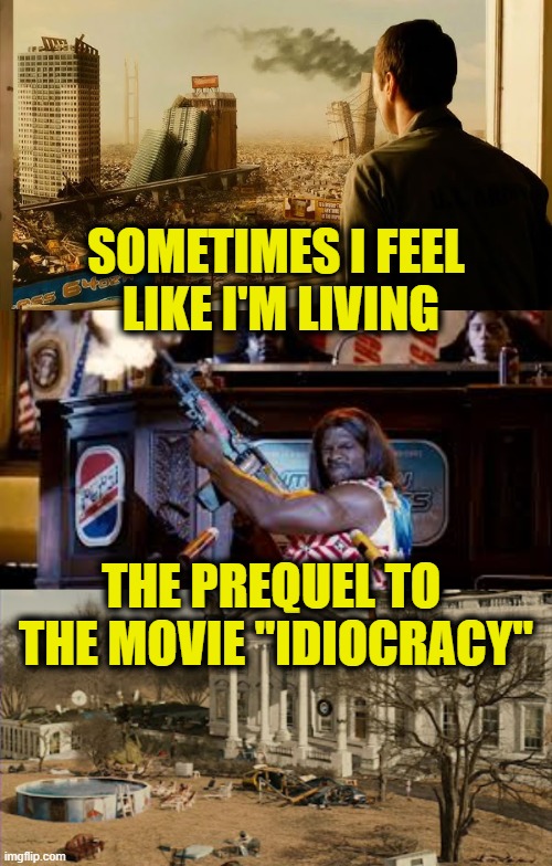 our dystopian future | SOMETIMES I FEEL
 LIKE I'M LIVING; THE PREQUEL TO 
THE MOVIE "IDIOCRACY" | image tagged in dystopia | made w/ Imgflip meme maker