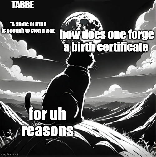 good reasons | how does one forge a birth certificate; for uh reasons | image tagged in tabbe moon cat temp thing | made w/ Imgflip meme maker