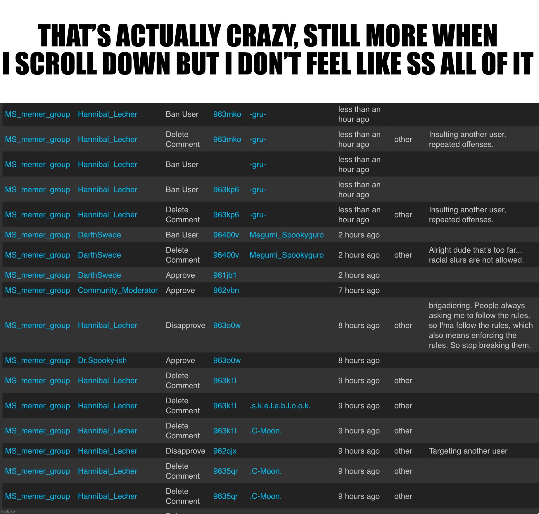 Another day of Adding in to the Moderation statuses ;-; [P.S when clicking on the link it really doesn’t make sense] | THAT’S ACTUALLY CRAZY, STILL MORE WHEN I SCROLL DOWN BUT I DON’T FEEL LIKE SS ALL OF IT | made w/ Imgflip meme maker
