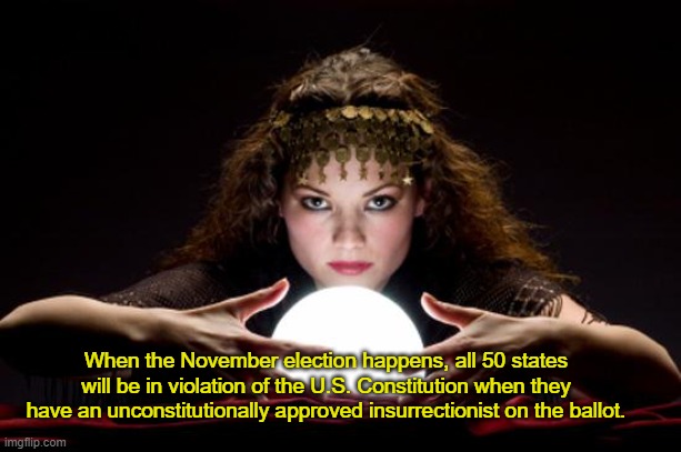 Constitutional Violation Prediction | When the November election happens, all 50 states will be in violation of the U.S. Constitution when they have an unconstitutionally approved insurrectionist on the ballot. | image tagged in fortune teller,unconstitutional,political | made w/ Imgflip meme maker