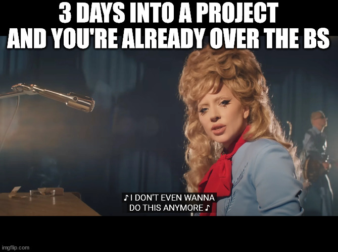 Over The Project BS | 3 DAYS INTO A PROJECT AND YOU'RE ALREADY OVER THE BS | image tagged in lady gaga | made w/ Imgflip meme maker