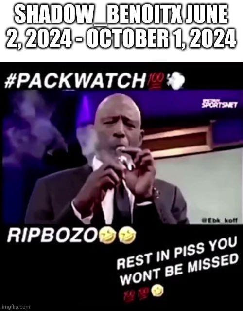 Making fun of my old username | SHADOW_BENOITX JUNE 2, 2024 - OCTOBER 1, 2024 | image tagged in rest in piss you won't be missed | made w/ Imgflip meme maker