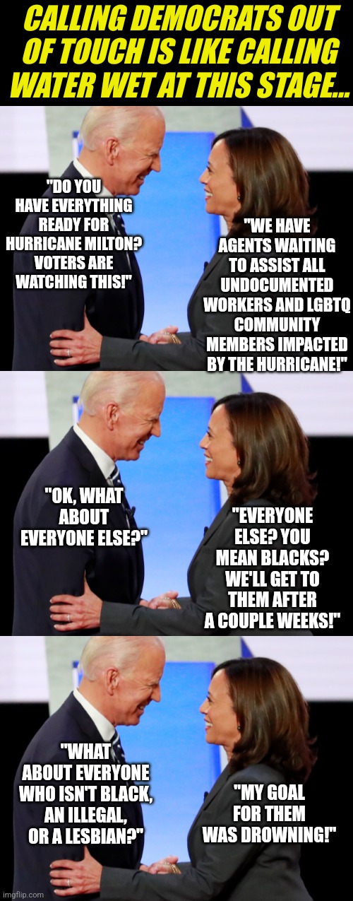 Democrats are demanding Floridians do not politicize the hurricane. Meanwhile they politicize the FEMA support??? | CALLING DEMOCRATS OUT OF TOUCH IS LIKE CALLING WATER WET AT THIS STAGE... "WE HAVE AGENTS WAITING TO ASSIST ALL UNDOCUMENTED WORKERS AND LGBTQ COMMUNITY MEMBERS IMPACTED BY THE HURRICANE!"; "DO YOU HAVE EVERYTHING READY FOR HURRICANE MILTON? VOTERS ARE WATCHING THIS!"; "OK, WHAT ABOUT EVERYONE ELSE?"; "EVERYONE ELSE? YOU MEAN BLACKS? WE'LL GET TO THEM AFTER A COUPLE WEEKS!"; "WHAT ABOUT EVERYONE WHO ISN'T BLACK, AN ILLEGAL, OR A LESBIAN?"; "MY GOAL FOR THEM WAS DROWNING!" | image tagged in biden harris,epic fail,government corruption,liberal logic,hypocrisy,stupid people | made w/ Imgflip meme maker