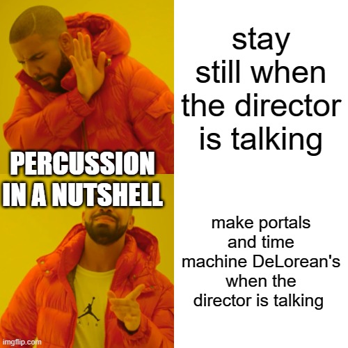 parcatshin | stay still when the director is talking; PERCUSSION IN A NUTSHELL; make portals and time machine DeLorean's when the director is talking | image tagged in memes,drake hotline bling | made w/ Imgflip meme maker