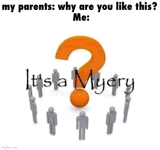 myery | my parents: why are you like this?
 Me: | image tagged in it's a myery | made w/ Imgflip meme maker