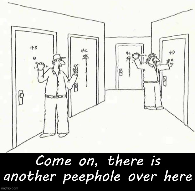 Poke in the eye | Come on, there is another peephole over here | image tagged in poke,peephole | made w/ Imgflip meme maker