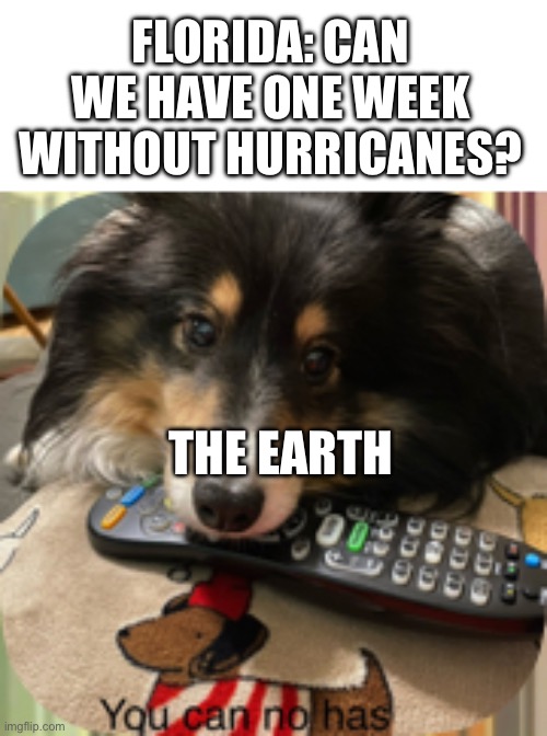 Stay safe my American viewers… | FLORIDA: CAN WE HAVE ONE WEEK WITHOUT HURRICANES? THE EARTH | image tagged in you can no has,memes,florida,america,hurricane,stay safe | made w/ Imgflip meme maker