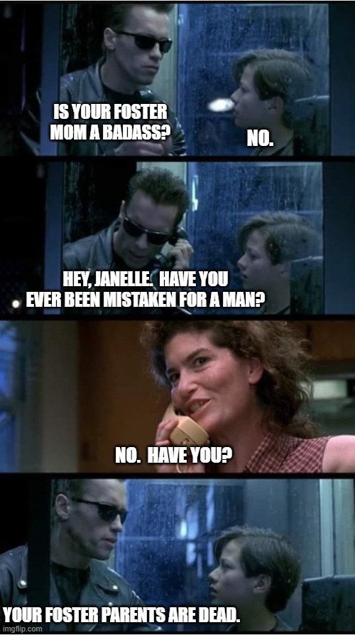Terminator 2 phone booth | IS YOUR FOSTER MOM A BADASS? NO. HEY, JANELLE.  HAVE YOU EVER BEEN MISTAKEN FOR A MAN? NO.  HAVE YOU? YOUR FOSTER PARENTS ARE DEAD. | image tagged in terminator 2 phone booth | made w/ Imgflip meme maker