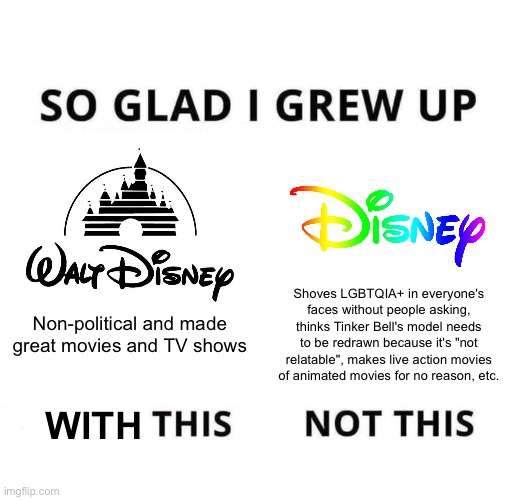 Disney, Disney, Disney - how the mighty have fallen | Shoves LGBTQIA+ in everyone's faces without people asking, thinks Tinker Bell's model needs to be redrawn because it's "not relatable", makes live action movies of animated movies for no reason, etc. Non-political and made great movies and TV shows; WITH | image tagged in so glad i grew up doing this,disney | made w/ Imgflip meme maker