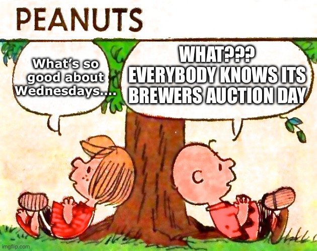 Peanuts Charlie Brown Peppermint Patty | WHAT??? EVERYBODY KNOWS ITS BREWERS AUCTION DAY; What’s so good about Wednesdays…. | image tagged in peanuts charlie brown peppermint patty | made w/ Imgflip meme maker