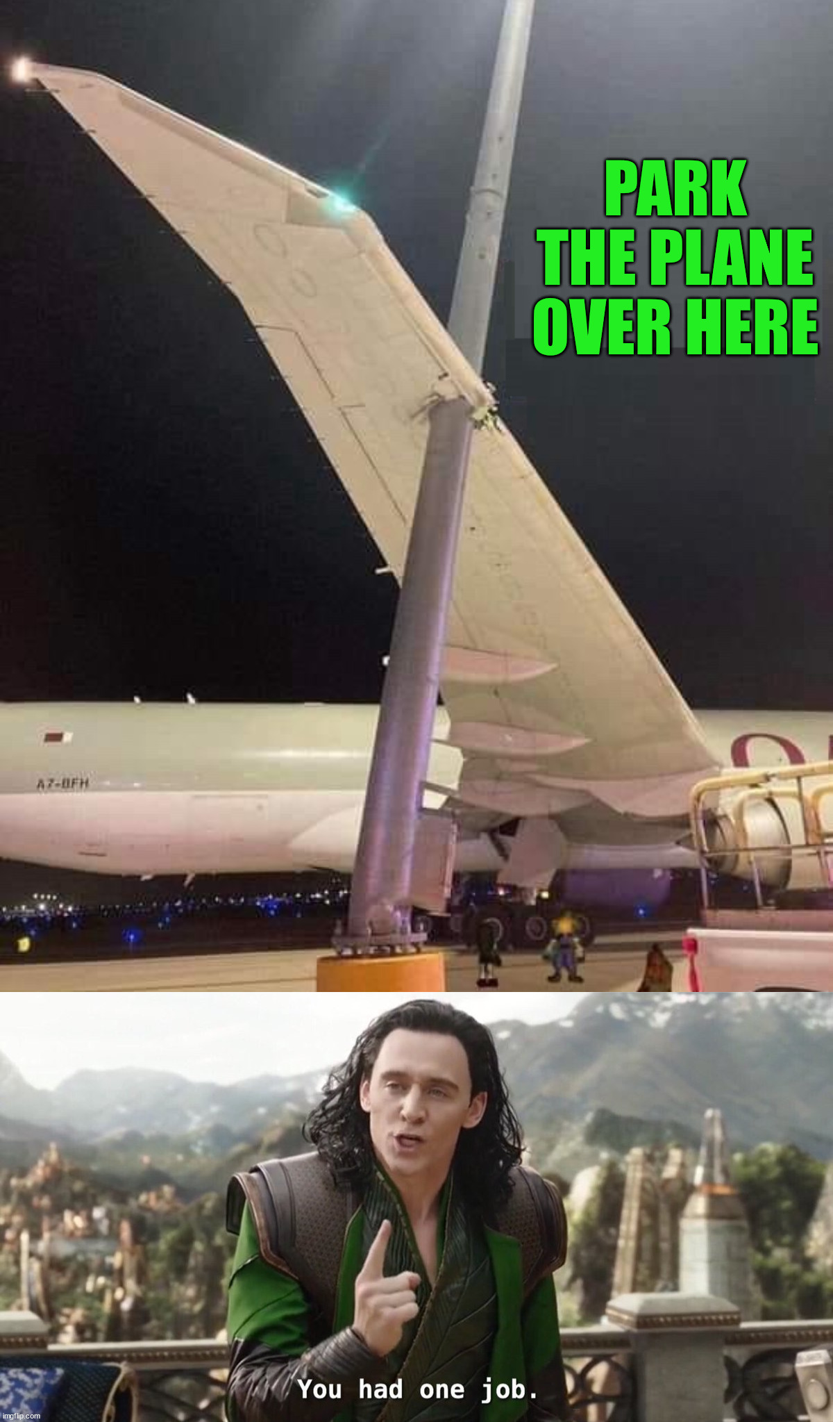 Just winging it | PARK THE PLANE OVER HERE | image tagged in you had one job just the one | made w/ Imgflip meme maker