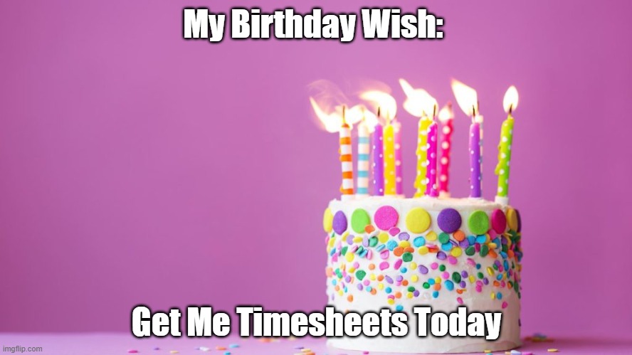 Timesheet birthday wish | My Birthday Wish:; Get Me Timesheets Today | image tagged in birthday cake,timesheet reminder,birthday wish | made w/ Imgflip meme maker