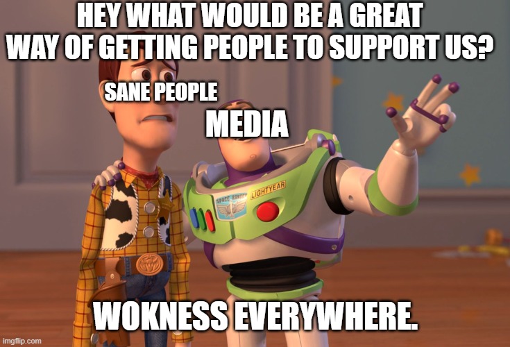 This is true is it not? | HEY WHAT WOULD BE A GREAT WAY OF GETTING PEOPLE TO SUPPORT US? SANE PEOPLE; MEDIA; WOKNESS EVERYWHERE. | image tagged in memes,x x everywhere | made w/ Imgflip meme maker