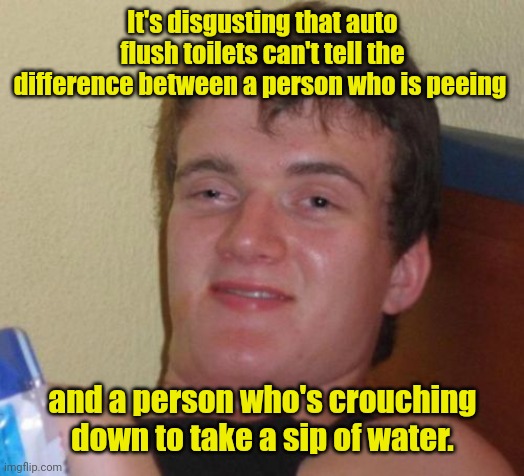 Thirsty. | It's disgusting that auto flush toilets can't tell the difference between a person who is peeing; and a person who's crouching down to take a sip of water. | image tagged in memes,10 guy,funny | made w/ Imgflip meme maker