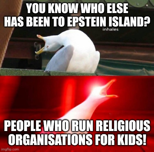 Inhaling Seagull  | YOU KNOW WHO ELSE HAS BEEN TO EPSTEIN ISLAND? PEOPLE WHO RUN RELIGIOUS ORGANISATIONS FOR KIDS! | image tagged in inhaling seagull | made w/ Imgflip meme maker