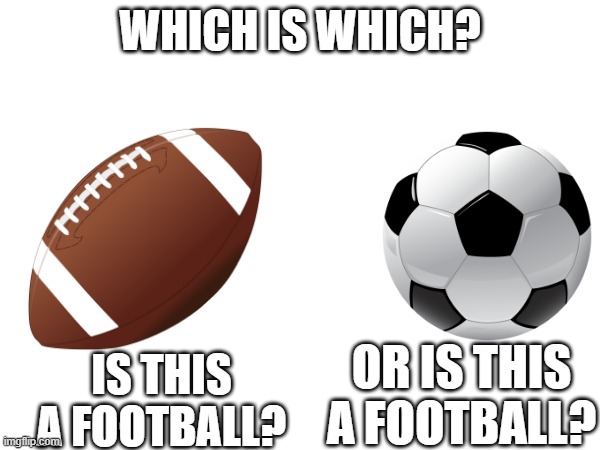 who is who? | WHICH IS WHICH? IS THIS A FOOTBALL? OR IS THIS A FOOTBALL? | image tagged in football,soccer | made w/ Imgflip meme maker