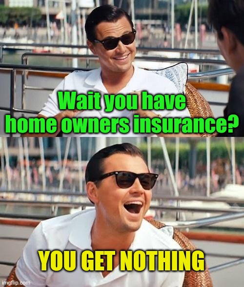 Leonardo Dicaprio Wolf Of Wall Street Meme | Wait you have home owners insurance? YOU GET NOTHING | image tagged in memes,leonardo dicaprio wolf of wall street | made w/ Imgflip meme maker