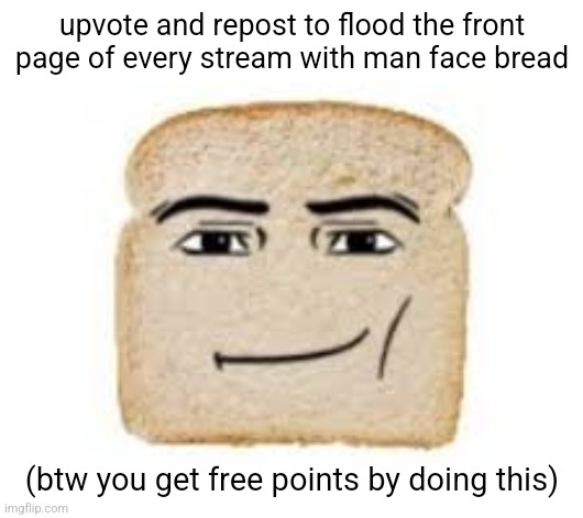 man face bread | upvote and repost to flood the front page of every stream with man face bread; (btw you get free points by doing this) | made w/ Imgflip meme maker