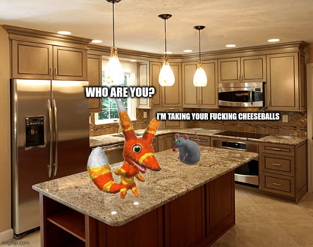 kitchen | WHO ARE YOU? I'M TAKING YOUR FUCKING CHEESEBALLS | image tagged in kitchen | made w/ Imgflip meme maker