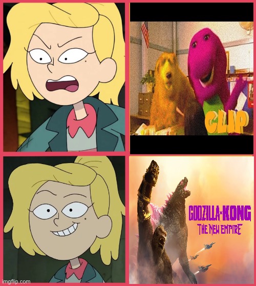 Sasha hates Barney x Bear but like Godzilla x Kong | image tagged in sasha waybright dislike/like meme template,amphibia,barney the dinosaur,godzilla,kong | made w/ Imgflip meme maker