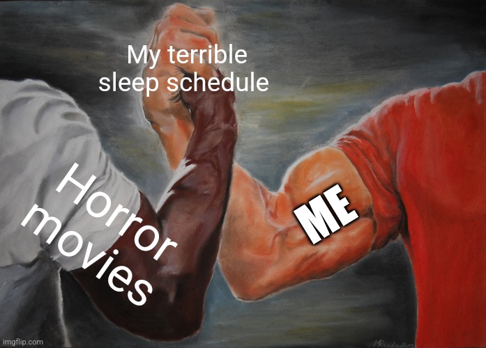 Sleep horror | My terrible sleep schedule; ME; Horror movies | image tagged in memes,epic handshake | made w/ Imgflip meme maker