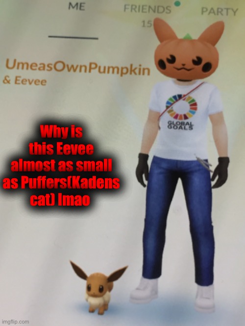 Yes, I know what Puffers looks like. | Why is this Eevee almost as small as Puffers(Kadens cat) lmao | made w/ Imgflip meme maker
