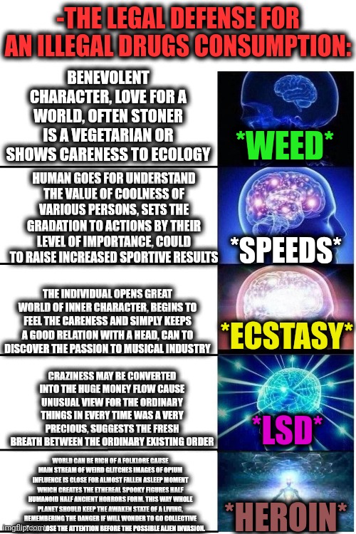 -Everything can to contain the part of a goodness. | -THE LEGAL DEFENSE FOR AN ILLEGAL DRUGS CONSUMPTION:; BENEVOLENT CHARACTER, LOVE FOR A WORLD, OFTEN STONER IS A VEGETARIAN OR SHOWS CARENESS TO ECOLOGY; *WEED*; HUMAN GOES FOR UNDERSTAND THE VALUE OF COOLNESS OF VARIOUS PERSONS, SETS THE GRADATION TO ACTIONS BY THEIR LEVEL OF IMPORTANCE, COULD TO RAISE INCREASED SPORTIVE RESULTS; *SPEEDS*; THE INDIVIDUAL OPENS GREAT WORLD OF INNER CHARACTER, BEGINS TO FEEL THE CARENESS AND SIMPLY KEEPS A GOOD RELATION WITH A HEAD, CAN TO DISCOVER THE PASSION TO MUSICAL INDUSTRY; *ECSTASY*; CRAZINESS MAY BE CONVERTED INTO THE HUGE MONEY FLOW CAUSE UNUSUAL VIEW FOR THE ORDINARY THINGS IN EVERY TIME WAS A VERY PRECIOUS, SUGGESTS THE FRESH BREATH BETWEEN THE ORDINARY EXISTING ORDER; *LSD*; WORLD CAN BE RICH OF A FOLKLORE CAUSE MAIN STREAM OF WEIRD GLITCHES IMAGES OF OPIUM INFLUENCE IS CLOSE FOR ALMOST FALLEN ASLEEP MOMENT WHICH CREATES THE ETHEREAL SPOOKY FIGURES HALF HUMANOID HALF ANCIENT HORRORS FORM. THIS WAY WHOLE PLANET SHOULD KEEP THE AWAKEN STATE OF A LIVING, REMEMBERING THE DANGER IF WILL WONDER TO GO COLLECTIVE REST AND LOSE THE ATTENTION BEFORE THE POSSIBLE ALIEN INVASION. *HEROIN* | image tagged in expanding brain 5 panel,don't do drugs,drugs are bad,police chasing guy,so you have chosen death,attorney general | made w/ Imgflip meme maker