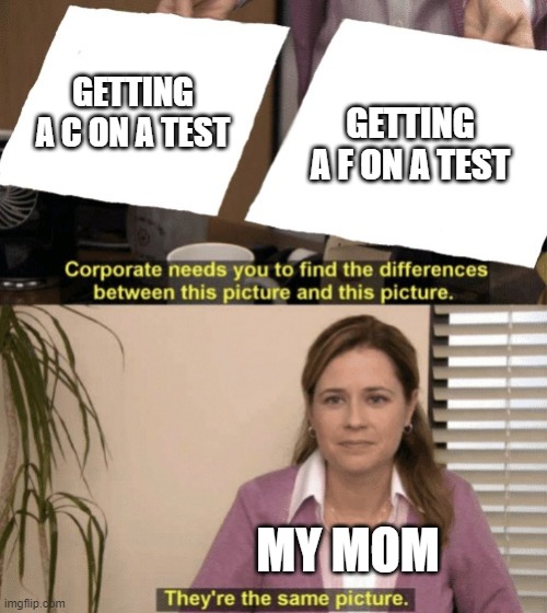 How dare I disappoint my mom | GETTING A C ON A TEST; GETTING A F ON A TEST; MY MOM | image tagged in corporate needs you to find the differences | made w/ Imgflip meme maker