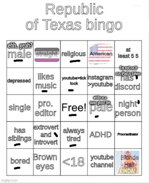 Republic of Texas Bingo | ehh.. yeah? I'm not on it cus iPad is taken-; white as a damn ghost tbh | image tagged in republic of texas bingo | made w/ Imgflip meme maker