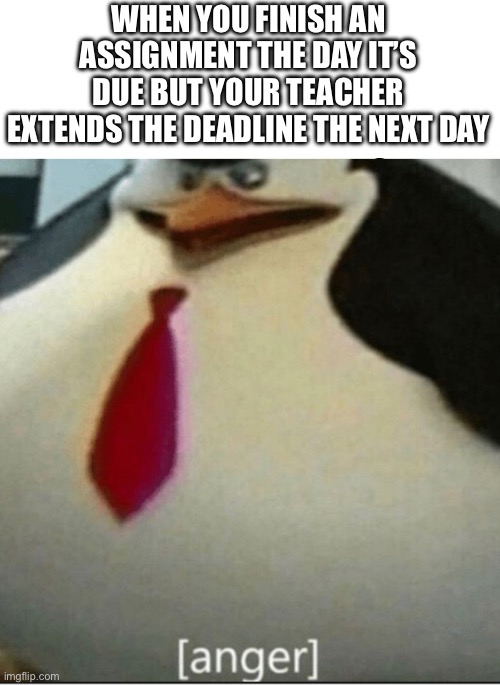 So I had all next week to study? | WHEN YOU FINISH AN ASSIGNMENT THE DAY IT’S DUE BUT YOUR TEACHER EXTENDS THE DEADLINE THE NEXT DAY | image tagged in anger,memes,school,college | made w/ Imgflip meme maker