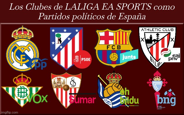 Equipos de LaLiga como partidos políticos de España | Los Clubes de LALIGA EA SPORTS como
Partidos políticos de España | image tagged in real madrid,barcelona,atletico madrid,pp,psoe,spain | made w/ Imgflip meme maker