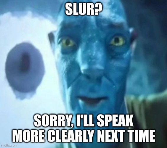 Avatar guy | SLUR? SORRY, I'LL SPEAK MORE CLEARLY NEXT TIME | image tagged in avatar guy | made w/ Imgflip meme maker