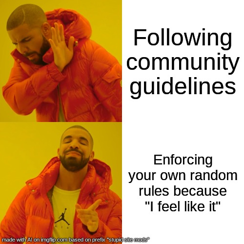 (Mod note: even AI doesn’t like mods) | Following community guidelines; Enforcing your own random rules because "I feel like it" | image tagged in memes,drake hotline bling | made w/ Imgflip meme maker