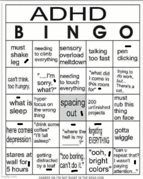 I don't have ADHD but wtf these are so me- | image tagged in adhd bingo | made w/ Imgflip meme maker