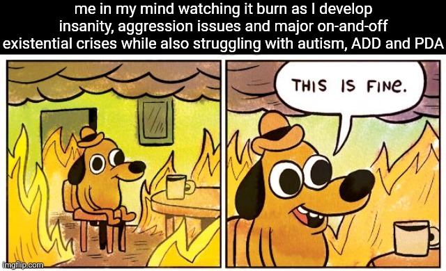 This Is Fine | me in my mind watching it burn as I develop insanity, aggression issues and major on-and-off existential crises while also struggling with autism, ADD and PDA | image tagged in memes,this is fine | made w/ Imgflip meme maker