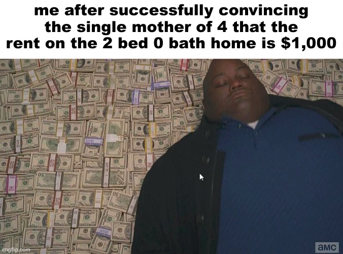 HERE COMES THE MONEYYYYY | me after successfully convincing the single mother of 4 that the rent on the 2 bed 0 bath home is $1,000 | image tagged in fat guy laying on money,funny,single mother of 4 | made w/ Imgflip meme maker